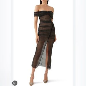 Self Portrait Diamante Fishnet Off Shoulder Midi Dress size 4